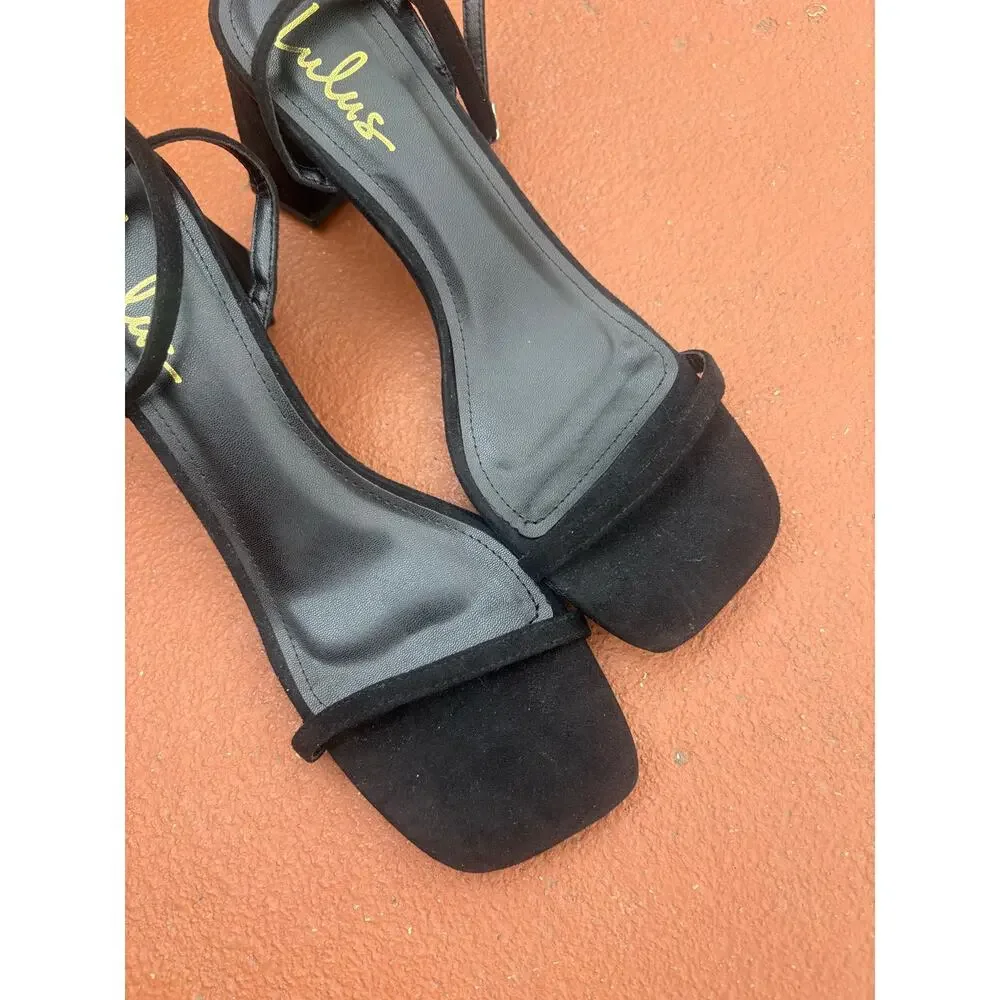 ✨2/$30✨ Lulus Sedna Black Suede Square Toe Heels Size 9 Ankle Strap Chunky Block